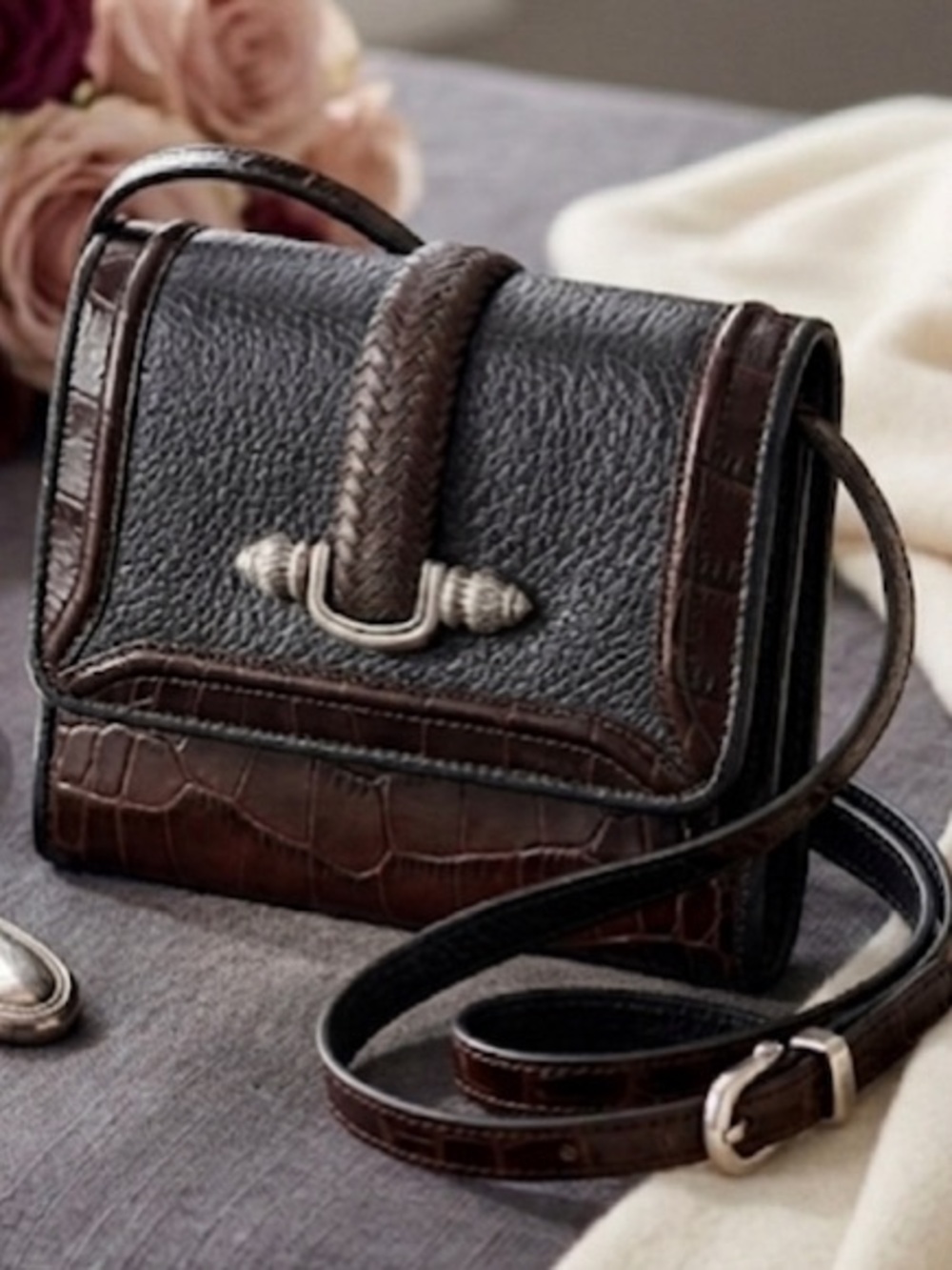 BRIGHTON- Brown & Black Textured Crossbody with Braided Accent